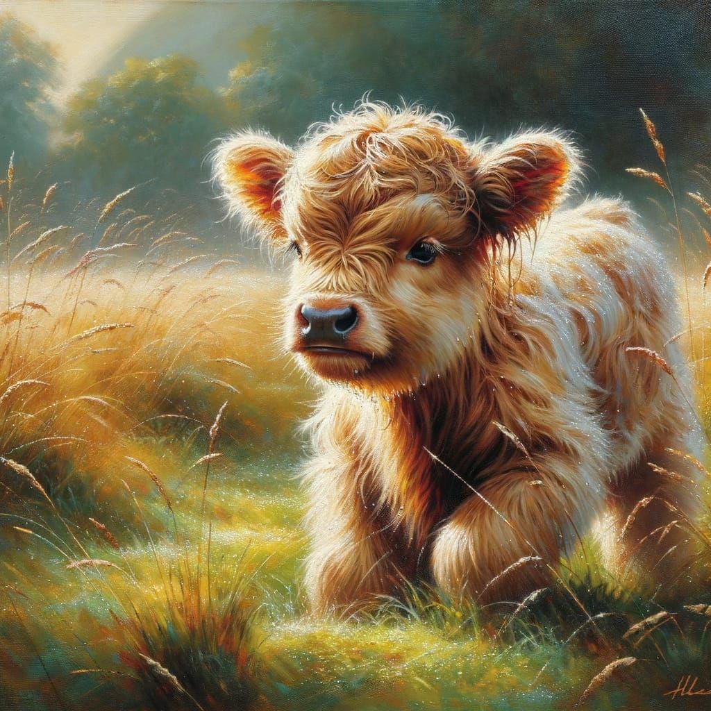 Baby Highland cow playing in dew filled grass