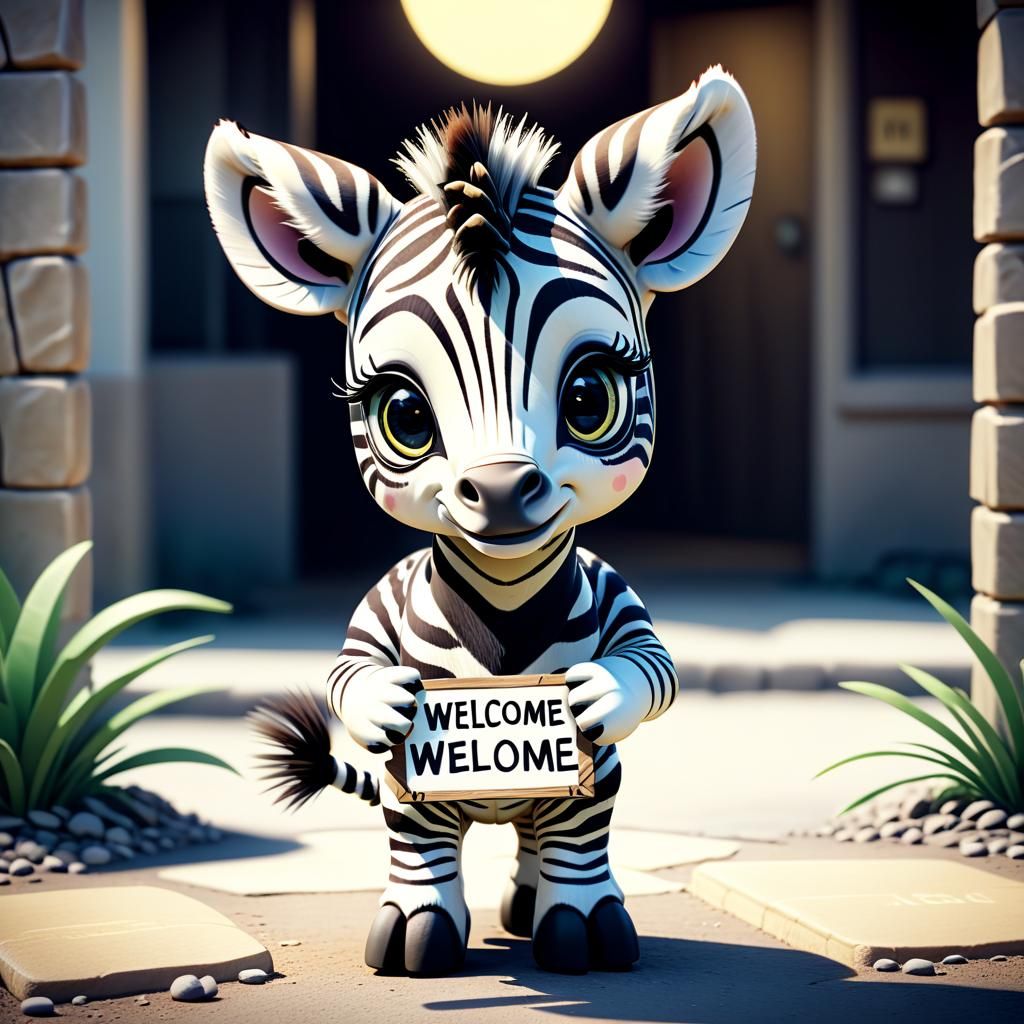 Cute Chibi Zebra Holds Welcome Sign