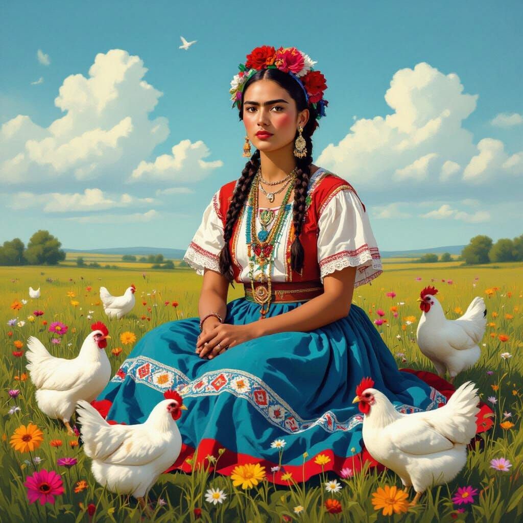 Indigenous Woman with Chickens in Surrealist Style