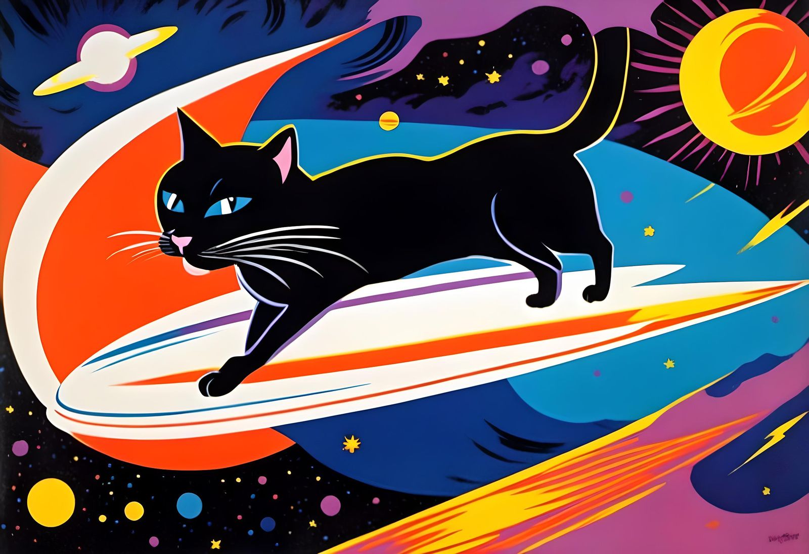 Space Age Black Cat Surfer in 1960s Pop Art
