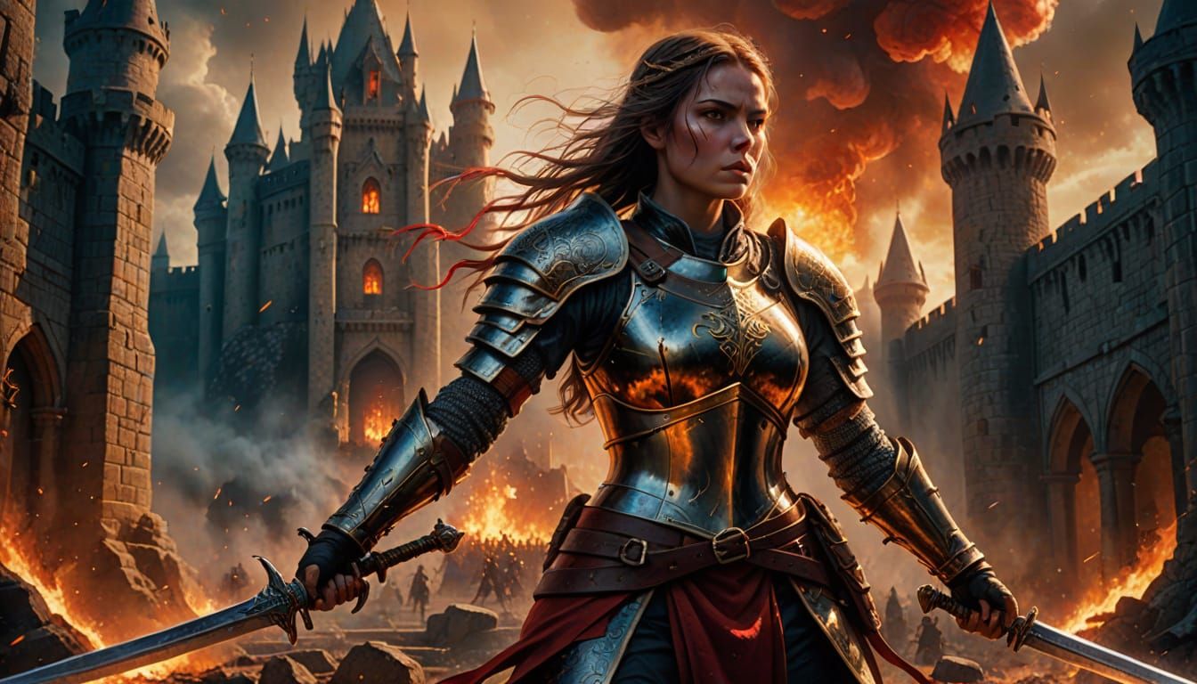 Heroic Warrior in Golden Armor Before Castle