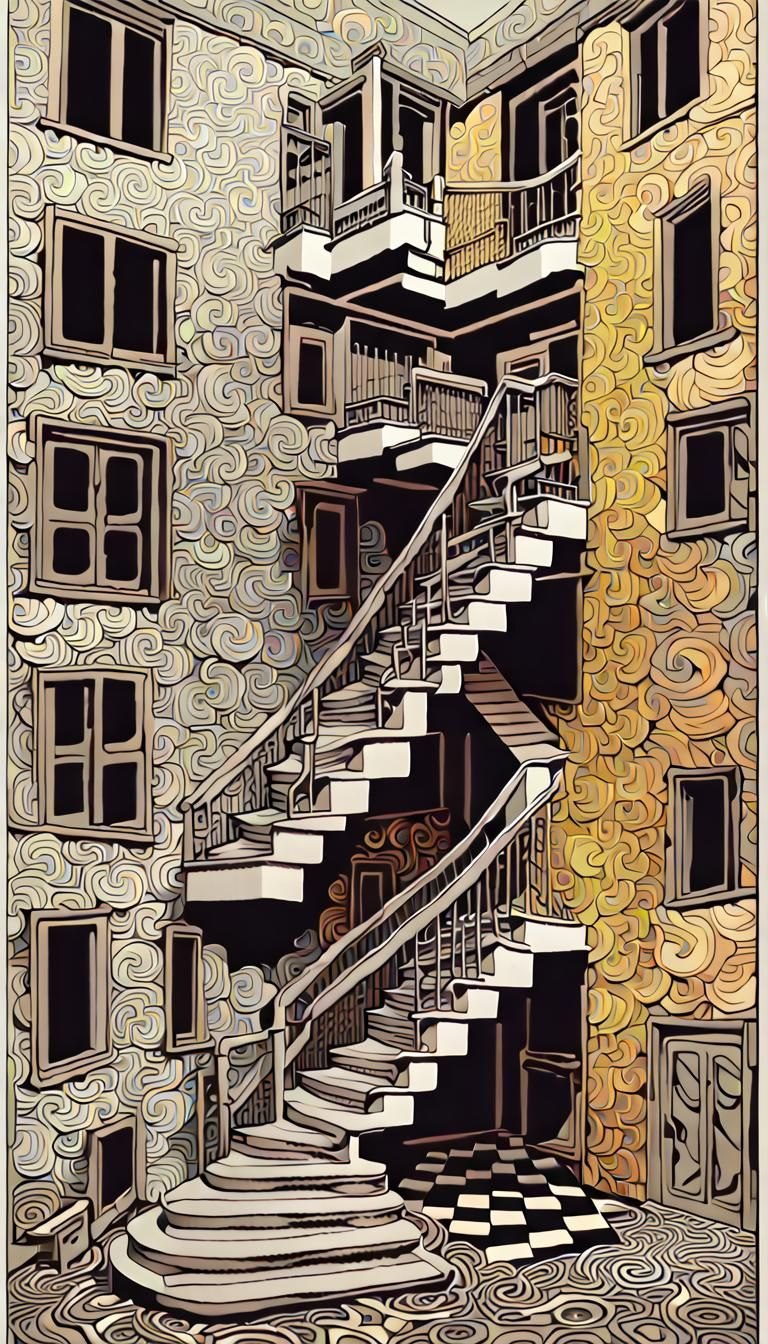 Escher's House of Stairs: Optical Illusion in Picasso Style