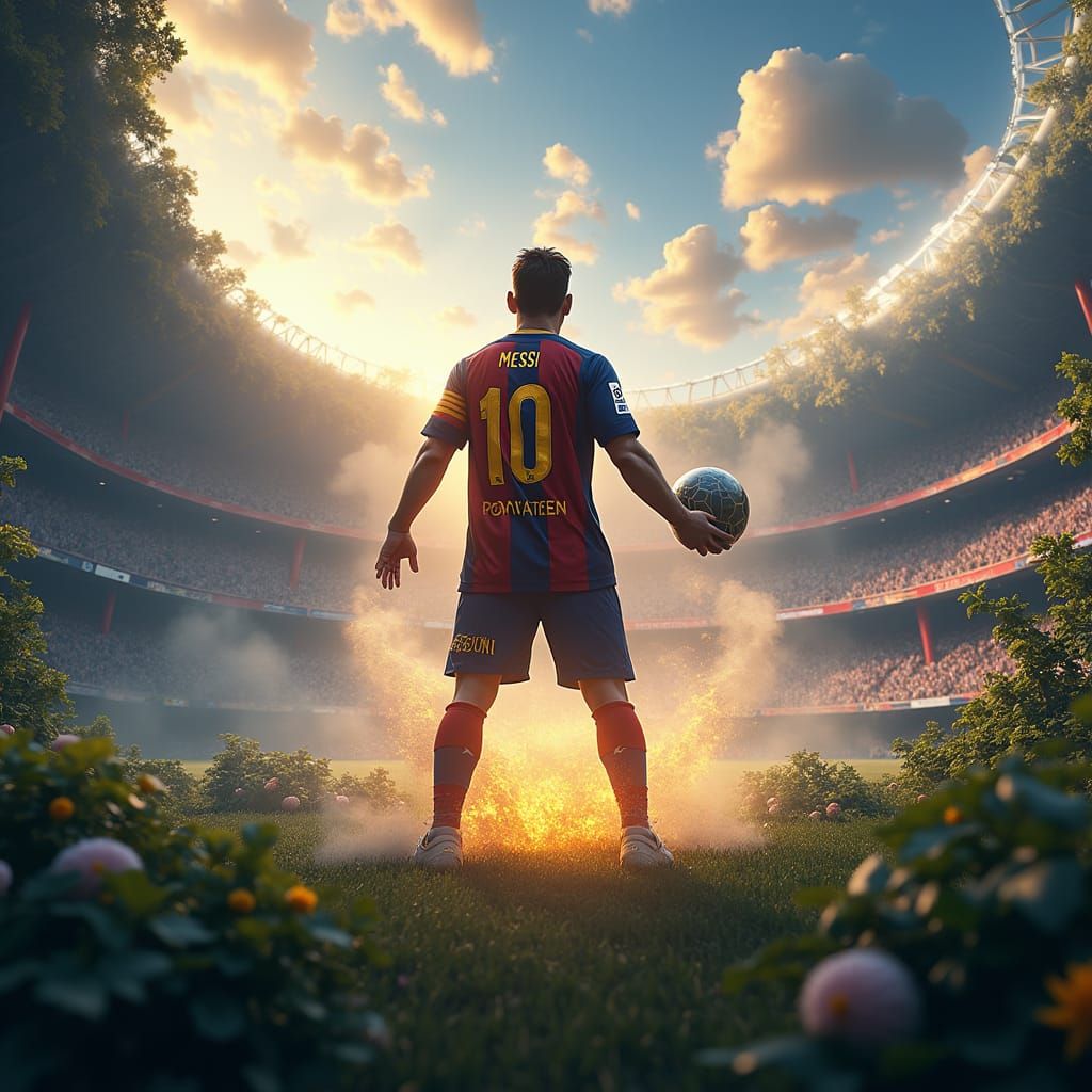 Heroic Soccer Player in Dreamlike Stadium, Fantasy Concept A...