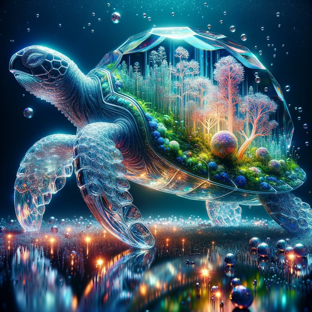 Crystal Turtle Sculpture with Bioluminescent Forest, HDR