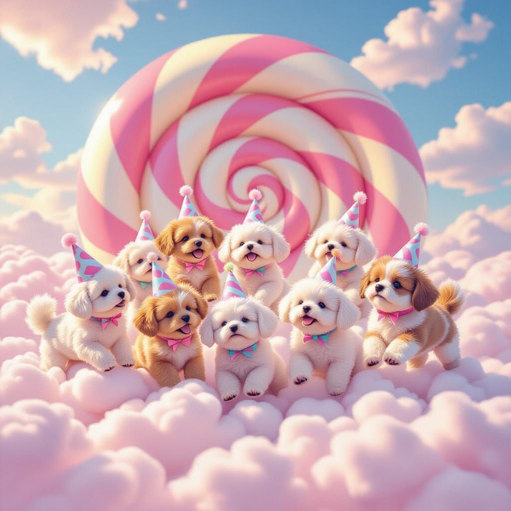 Poodles Jumping on Clouds in Candyland Art Style