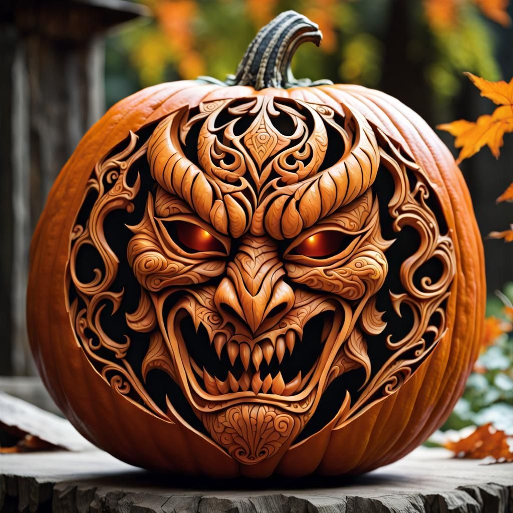 Intricate Jack-o'-Lantern Carving: Fantasy Line Art