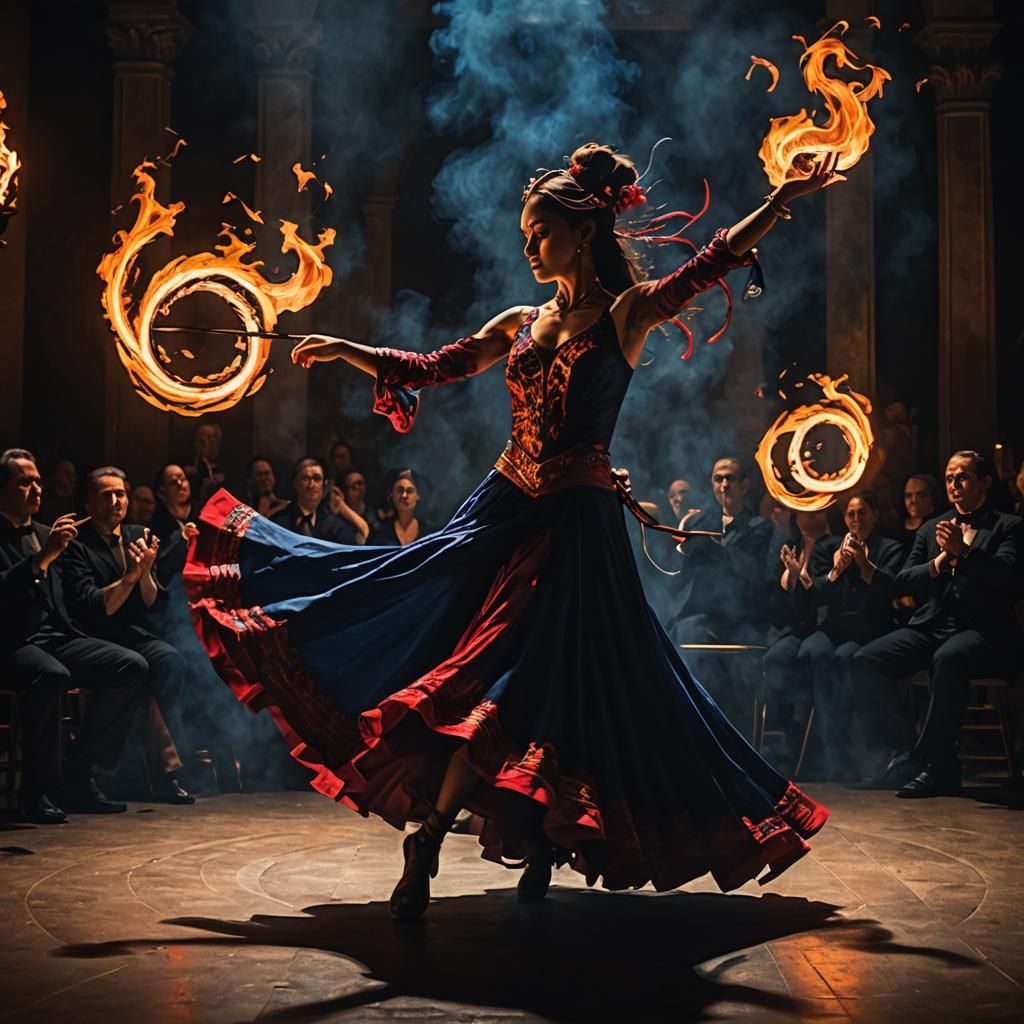 Fire Dancer in Shadowy Symphony of Light and Dark