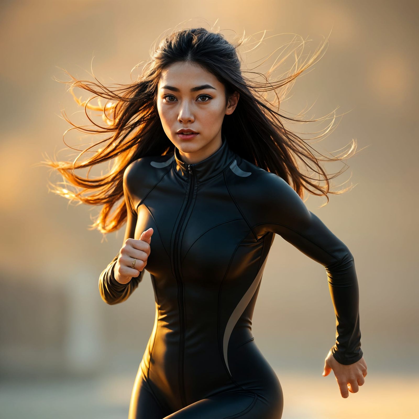 Asian Woman Running: Hyperdetailed Concept Art Portrait