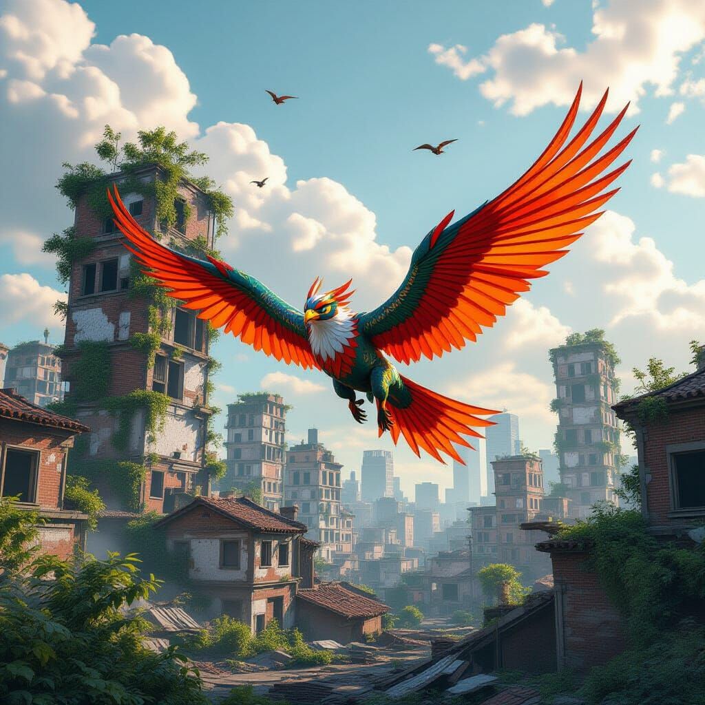 Alebrije Soars Over Verdant Ruined Cityscape