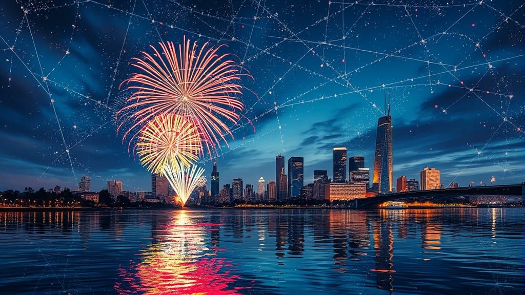 Fireworks Reflecting on City Lake: Reverse Glass Painting