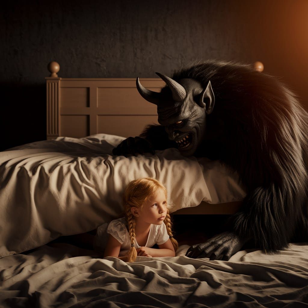 Golden-Haired Girl Surrounded by Shadows and Ethereal Glow i...