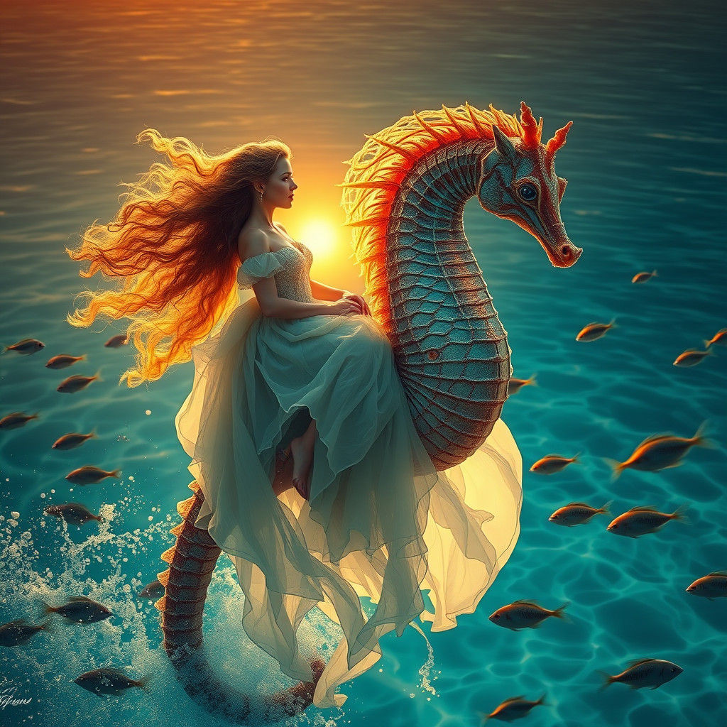 Woman Rides Seahorse in Turquoise Ocean