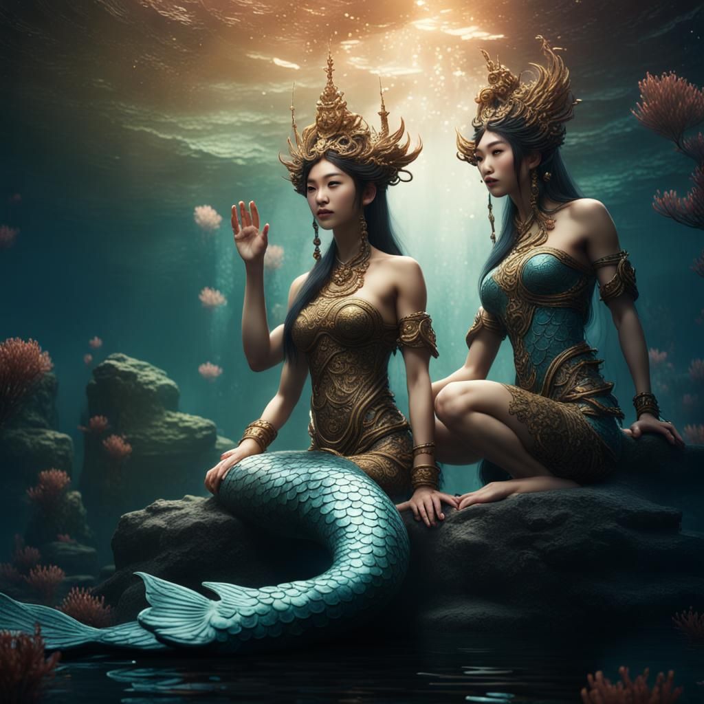 Majestic Asian Mermaids Playing in Water: Fantasy Art