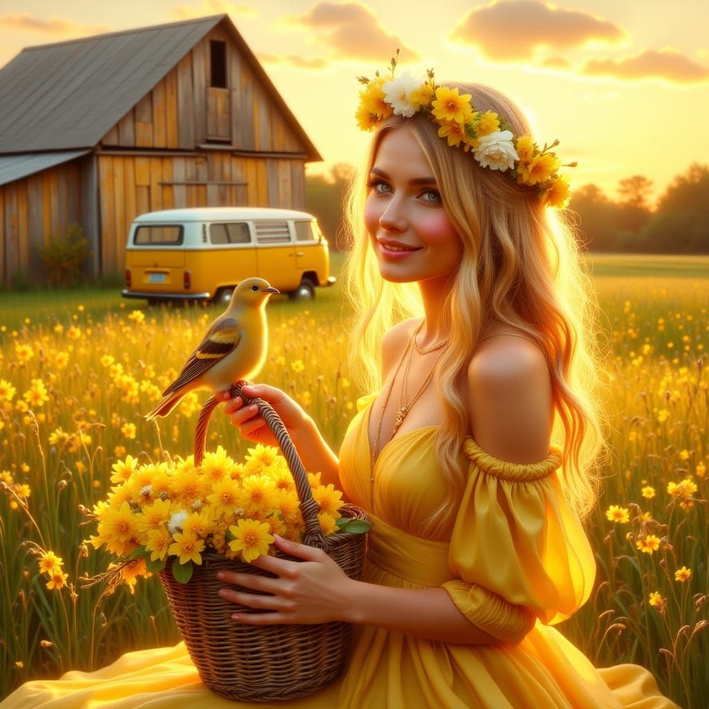 Surreal Sunset Goddess Reigns Over Vibrant Yellow Landscape