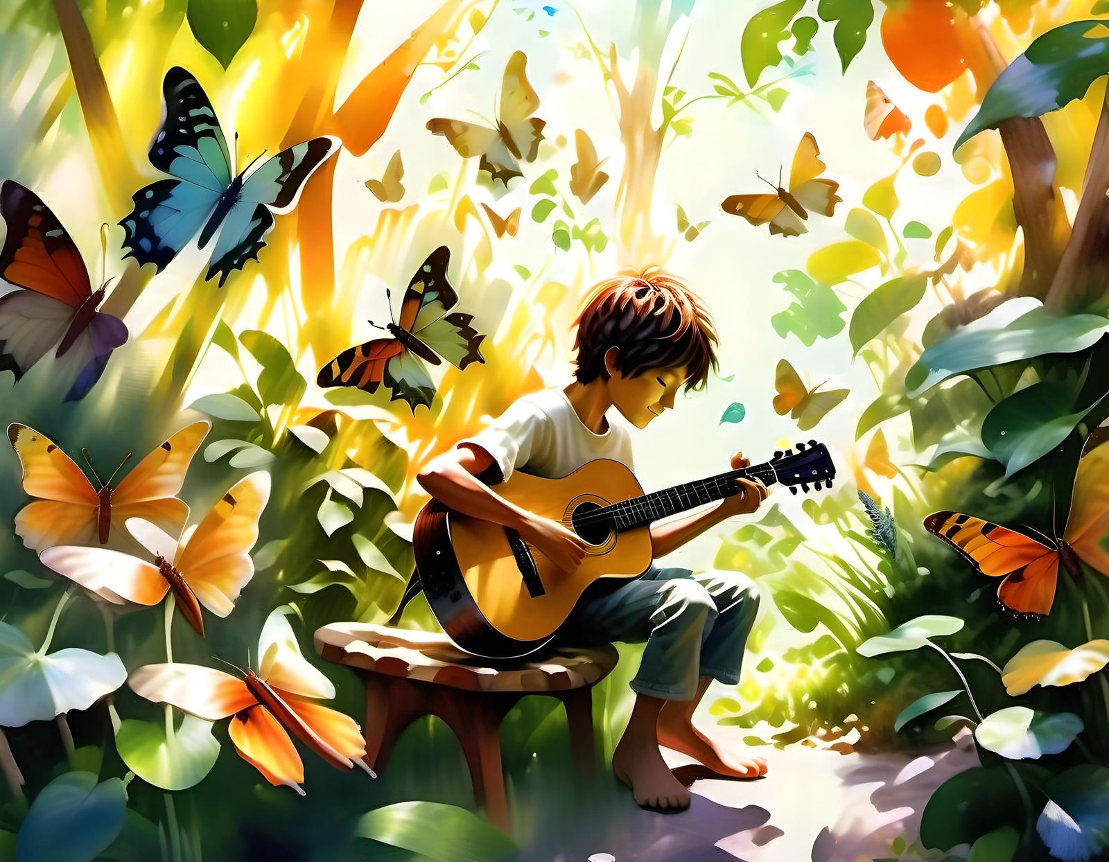 Sun-Drenched Garden Serenade: Boy and Guitar