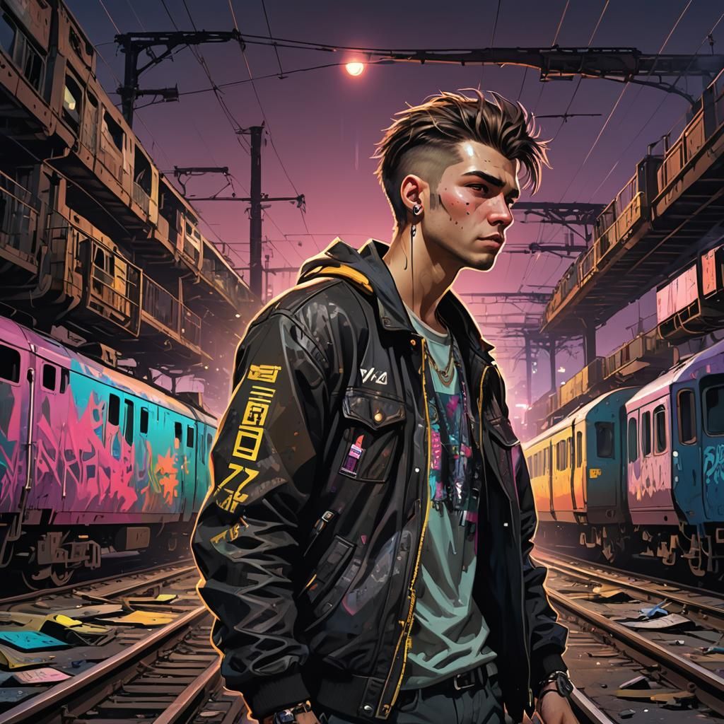 Cyberpunk Man in Abandoned Rail Yard at Midnight