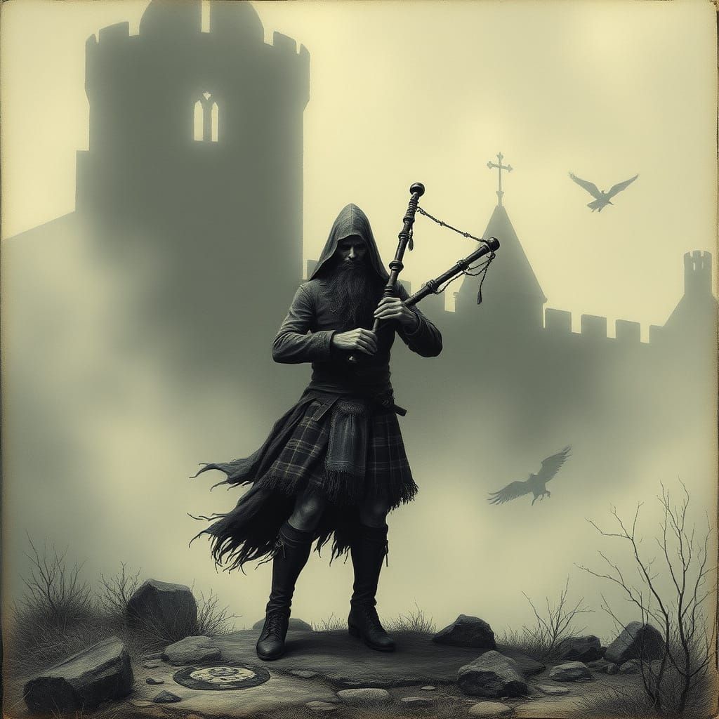 Ethereal Bagpiper Haunts Abandoned Castle: Dark Fantasy Art