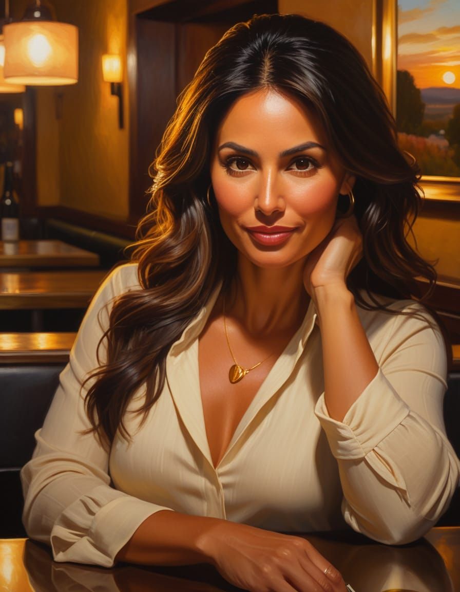 Romantic Realism Oil Painting of Woman at Bar