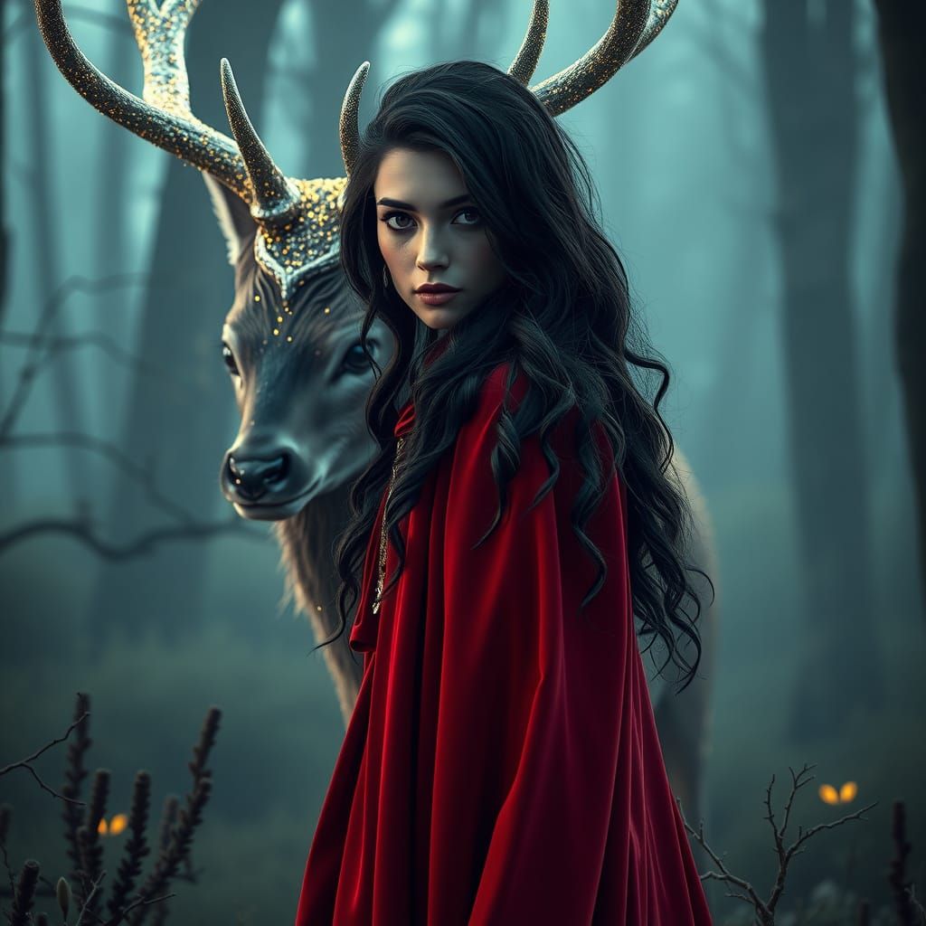 Stardust Stag Guides Woman Through Mystical Forest
