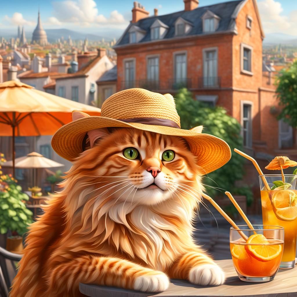 Happy Orange Cat Enjoys City Patio in 3D