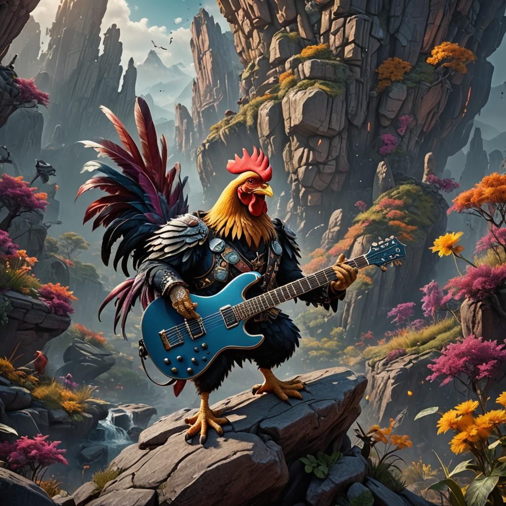 Chicken Rock Star in Detailed Matte Painting Style