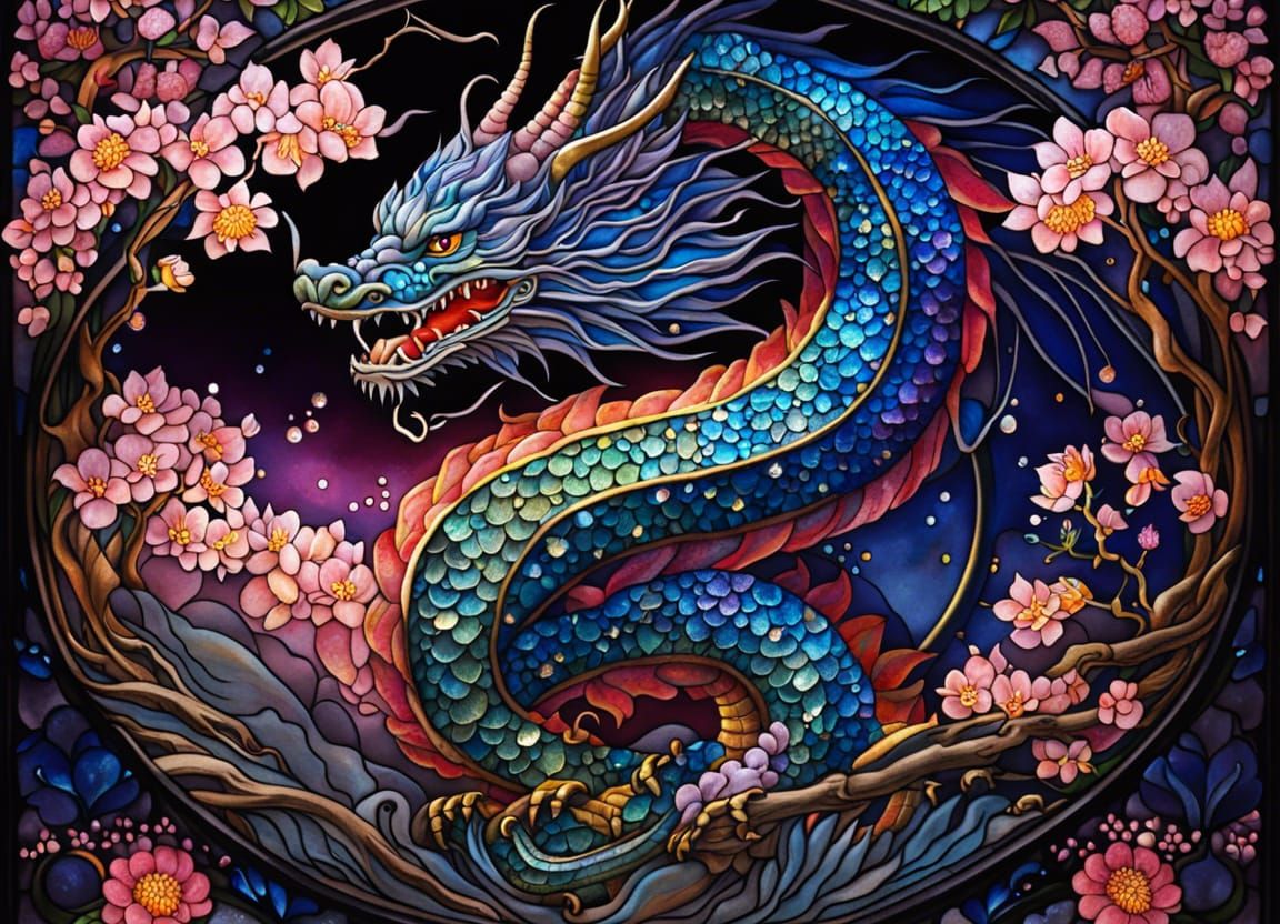 Stained Glass Japanese Dragon Under Cherry Blossoms