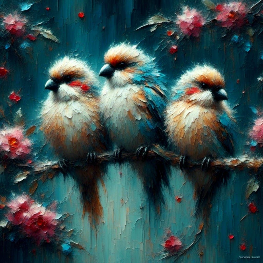 Fluffy Love Birds on Branch in Summer Rain