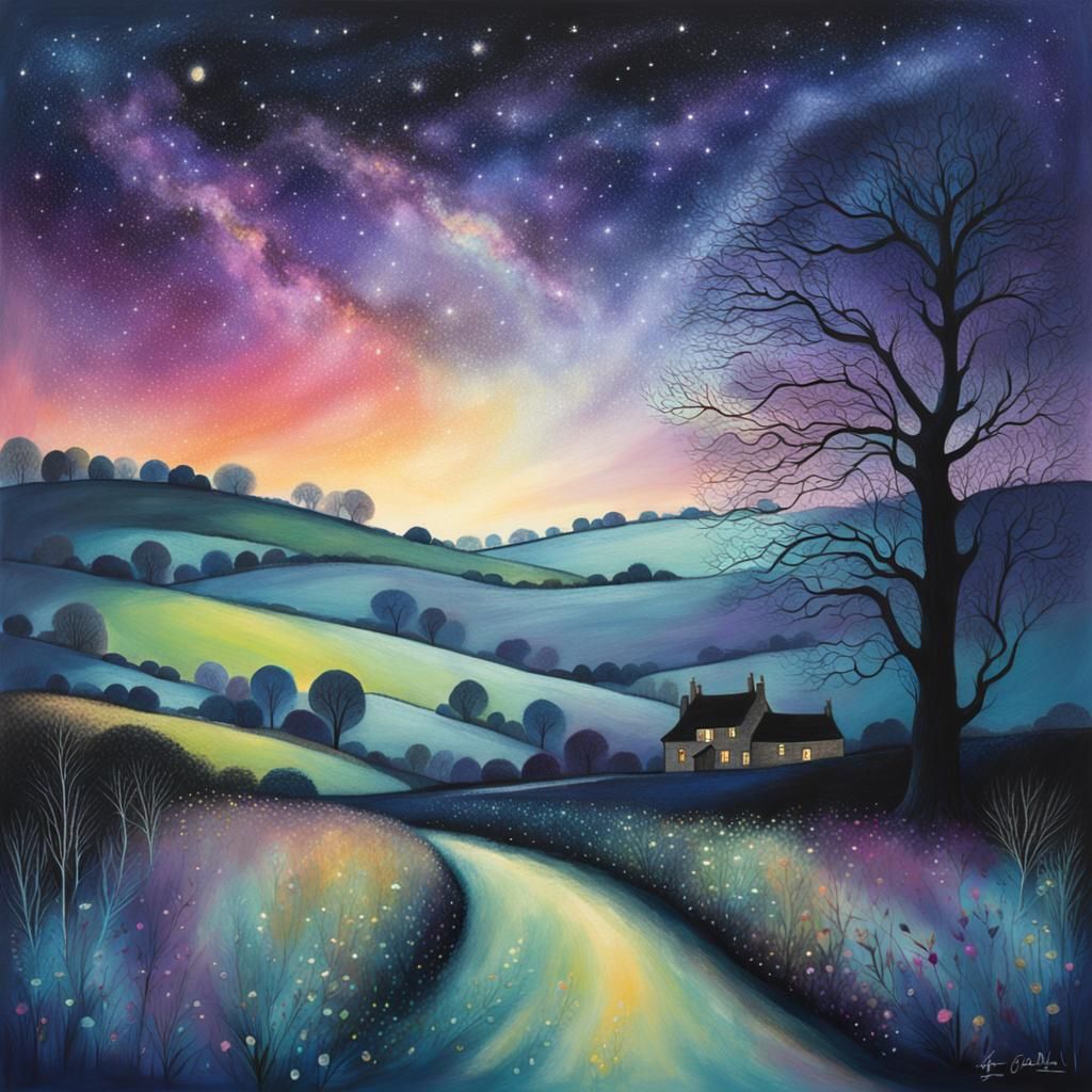 Iridescent Cotswold Landscape at Midnight