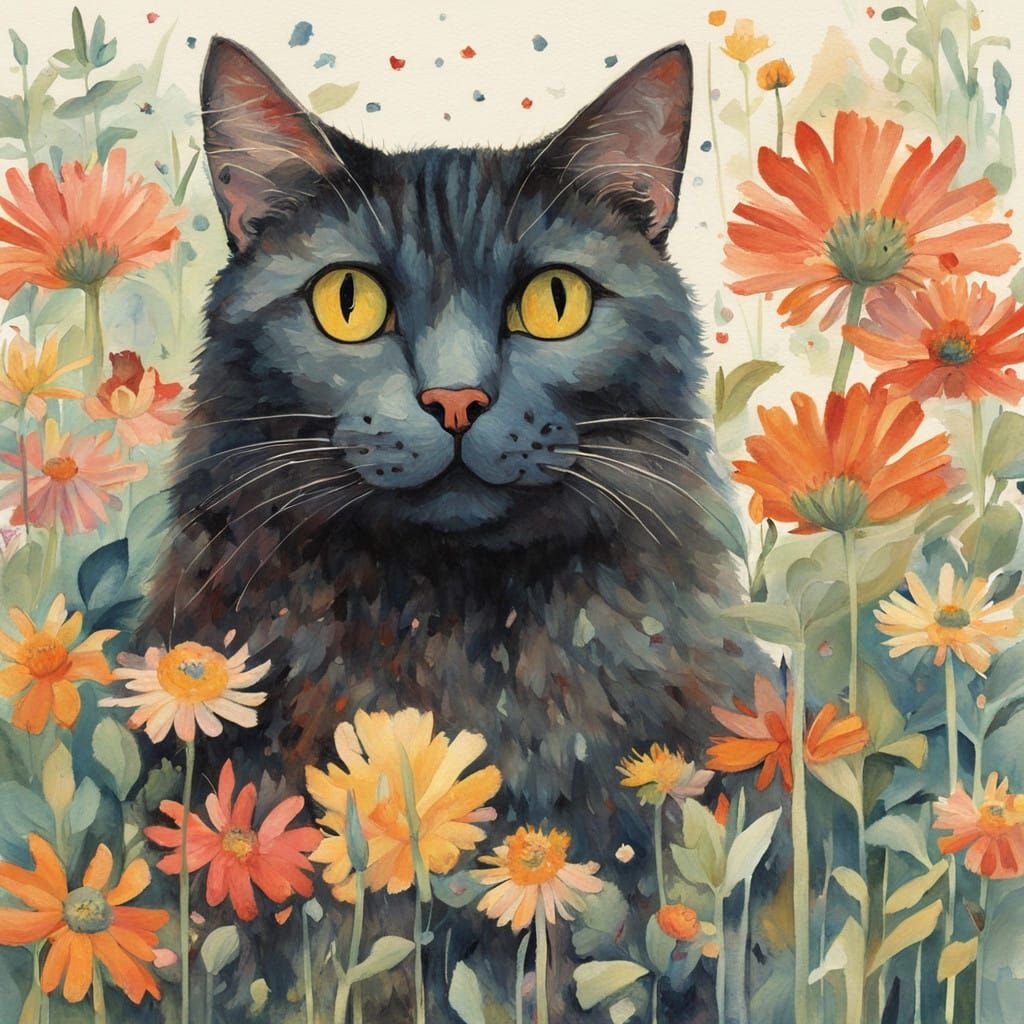 Whimsical Cats Entwined with Vibrant Flowers in a Sunlit Mea...