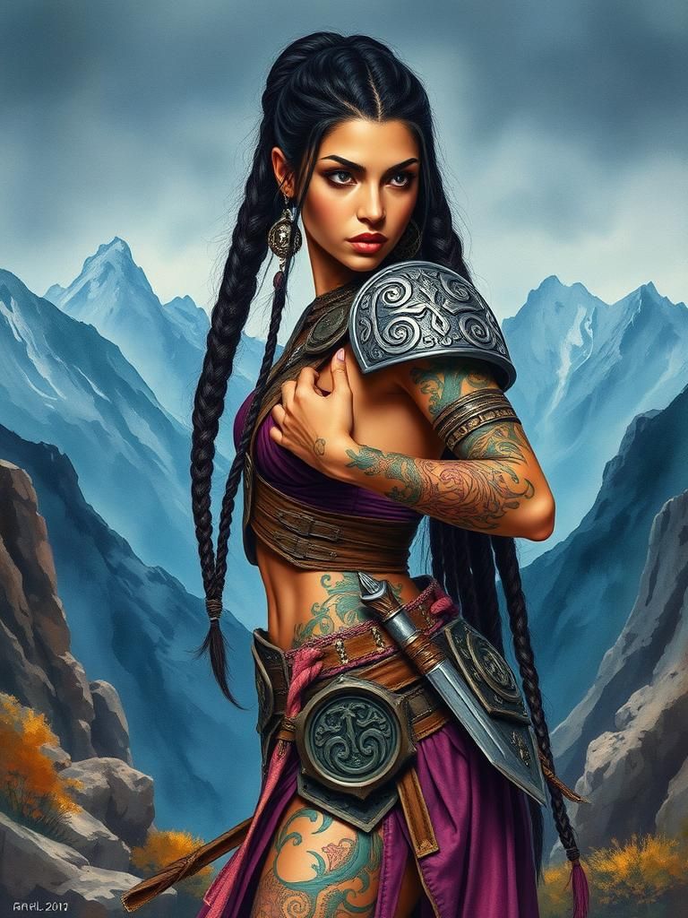 Tattooed Latina Warrior in Dystopian Watercolor Landscape