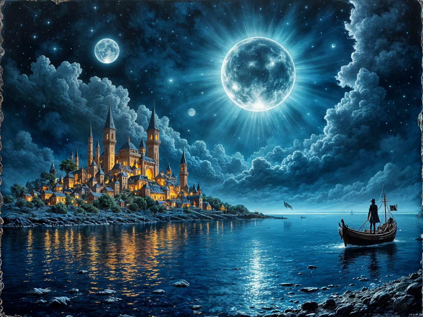 Bioluminescent Port City Galleon Scene