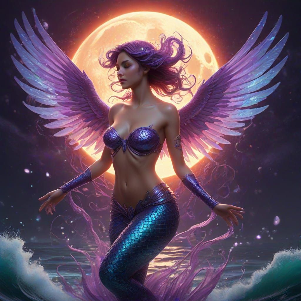 Mythical Mermaid Fairy Dragon in Vibrant, Glowing Coral