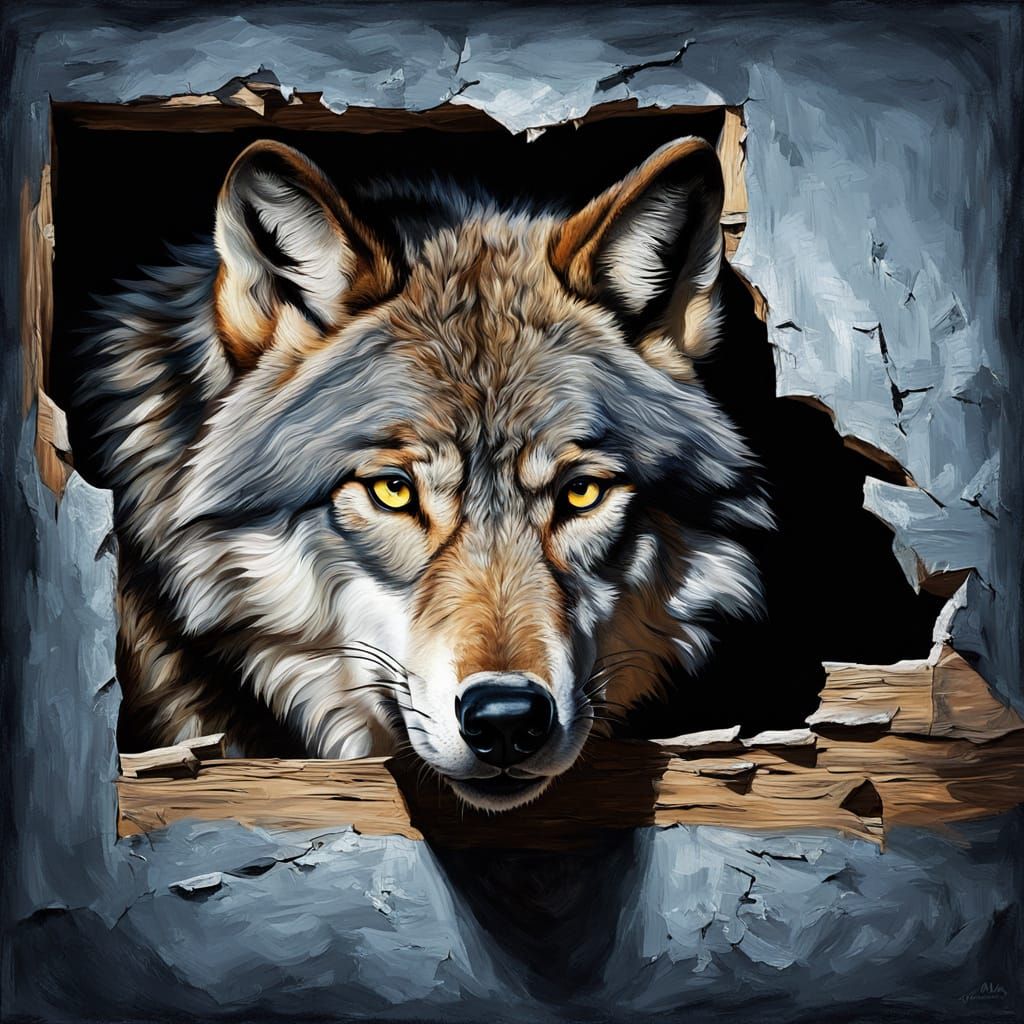 Wolf Peers Through Ceiling in Oil Painting Style