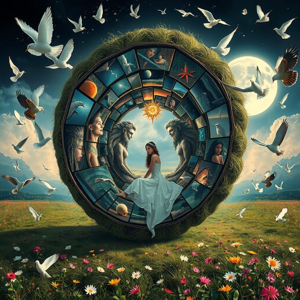 Surreal Collage of Sculptor in Dreamlike Landscape