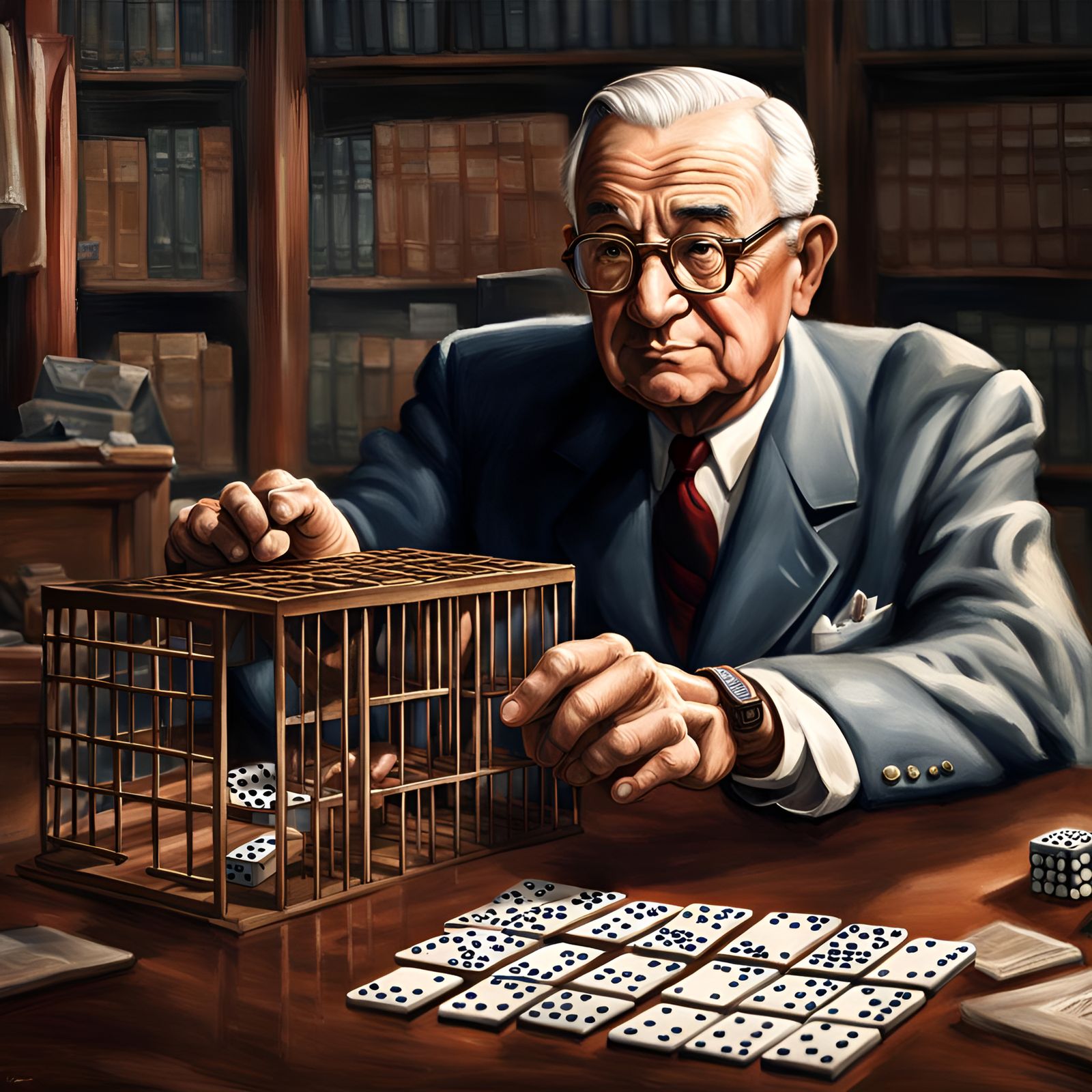 Hyperrealistic Close-up of Truman with Domino and Cage