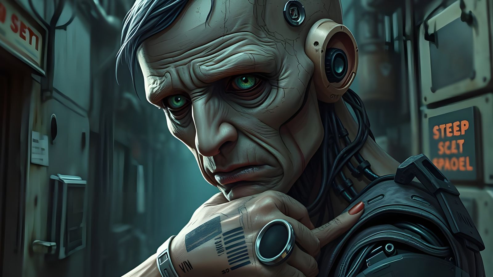 Cyborg in Dystopian Despair with Barcode Tattoo and Augmente...