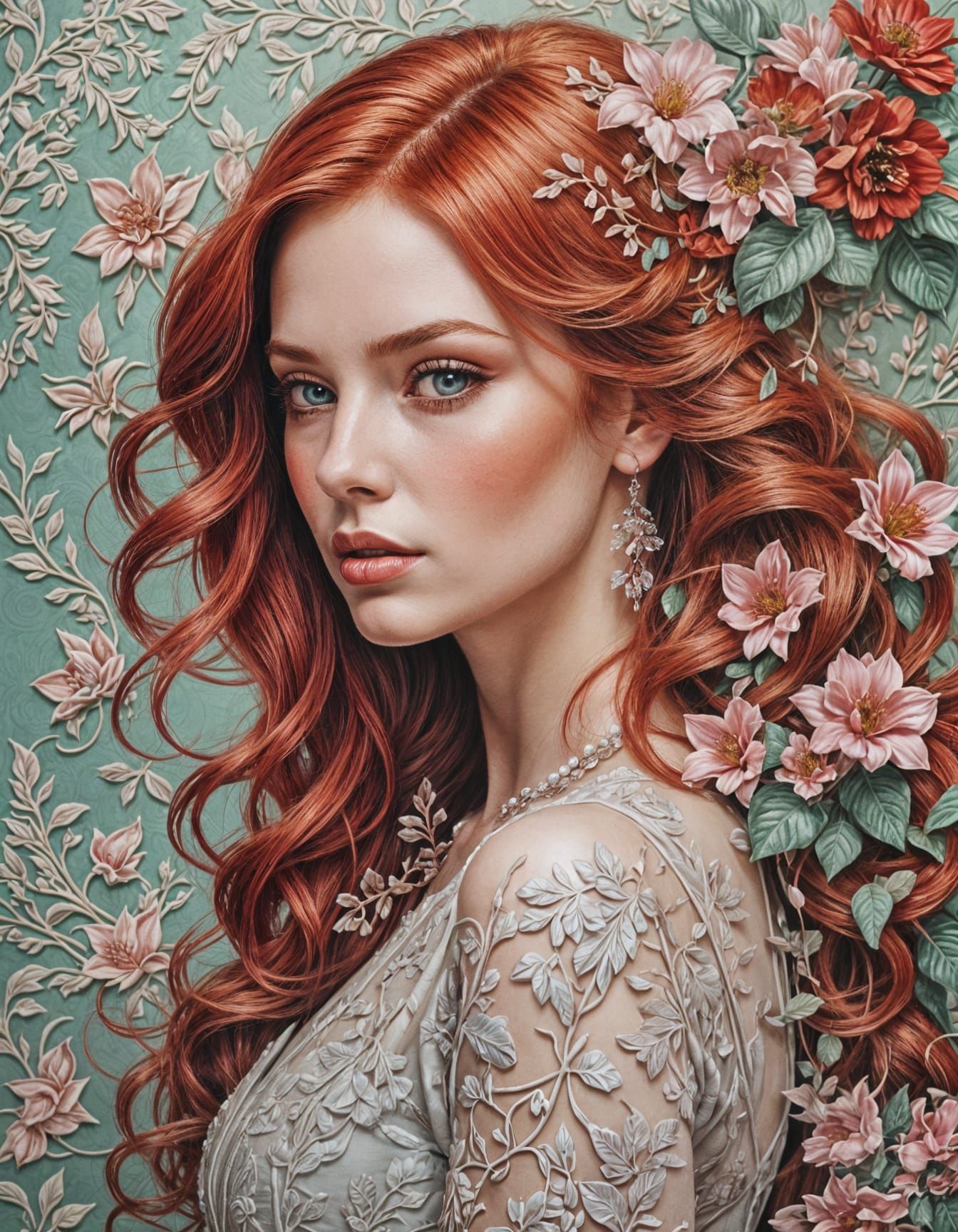 Glamorous Redhead with Floral Background as Pastel Portrait
