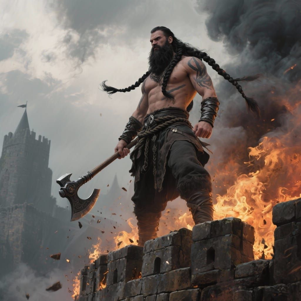 Viking Warrior on Castle Wall with Axe