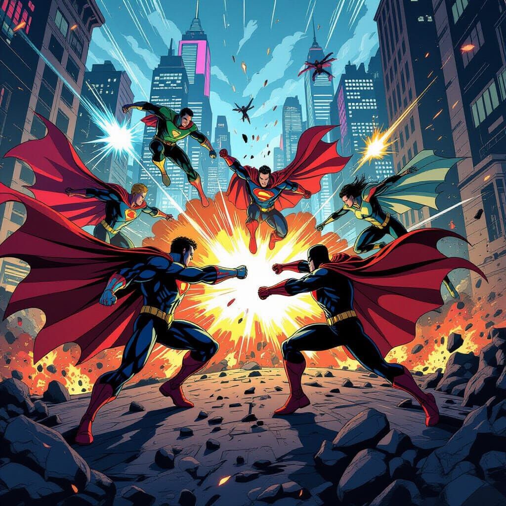 Epic Superhero Battle in Futuristic Cityscape