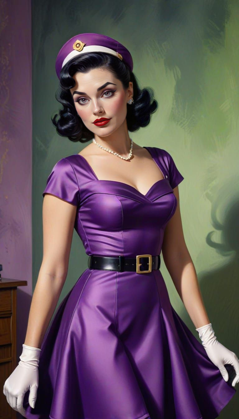 Retro Pin-Up Girl with Mojo Jojo Style, Watercolor