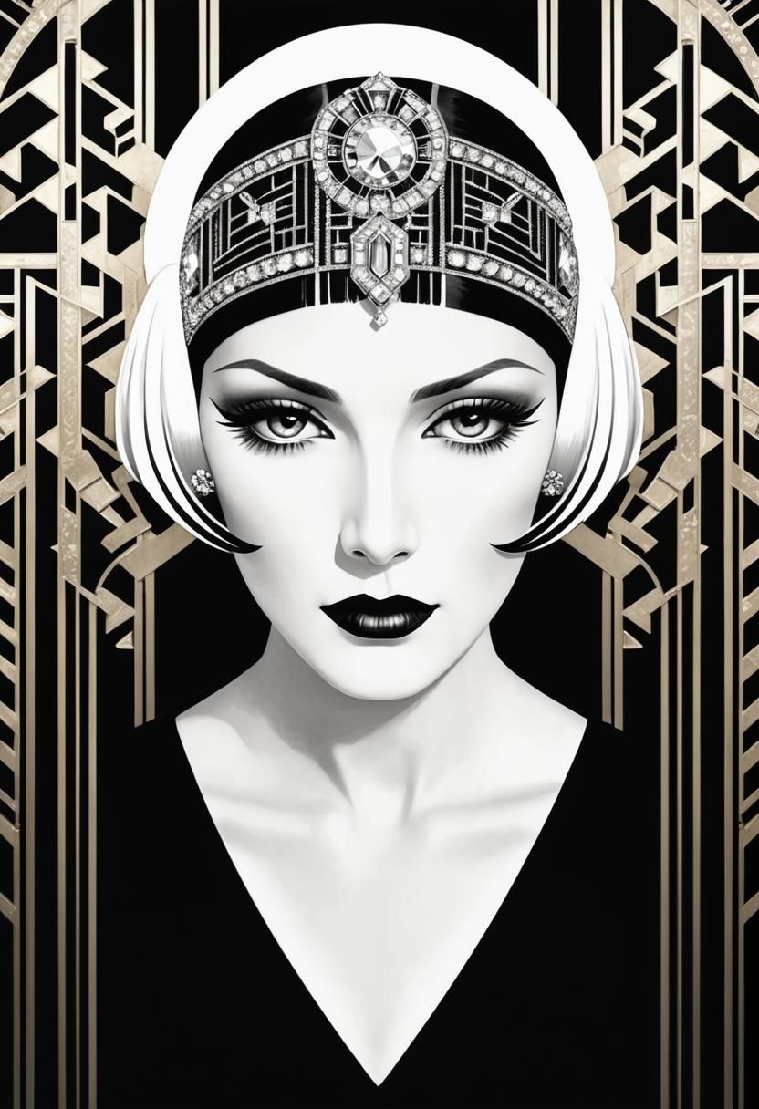A black and white Art Deco illustration