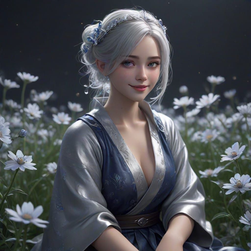 Ethereal Goddess in Moonlit Silver Bloom