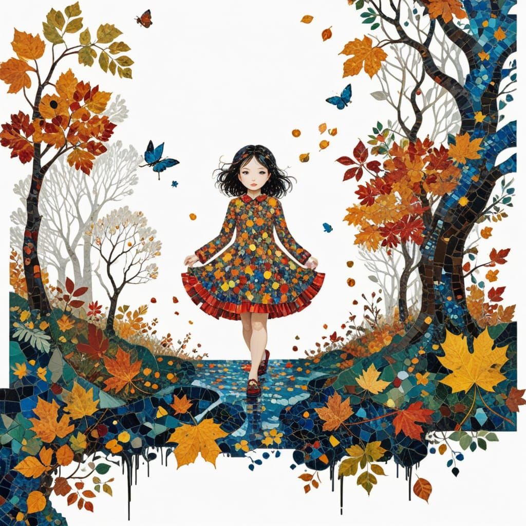 Moonlit Forest Path with Autumn Leaves and Mosaic Background