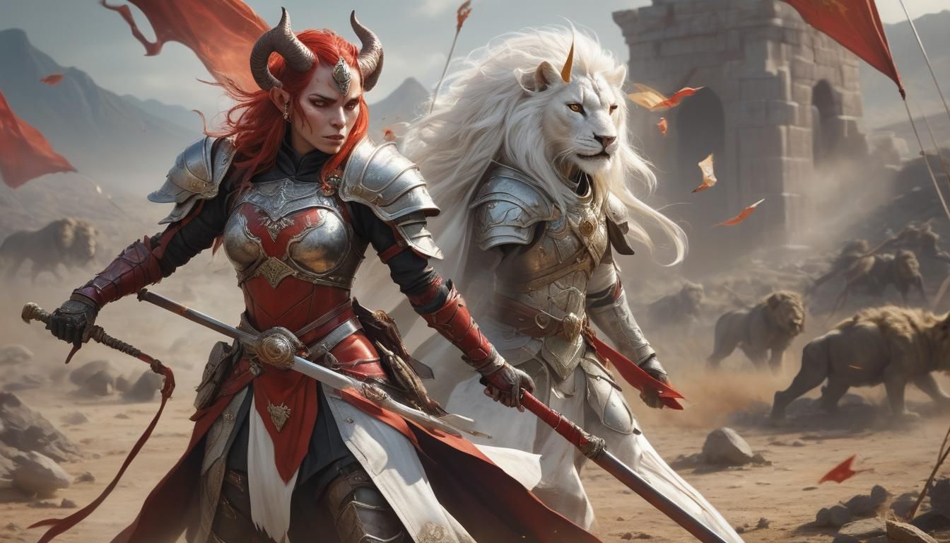 Tiefling Paladin with Sword and Shield on Battlefield