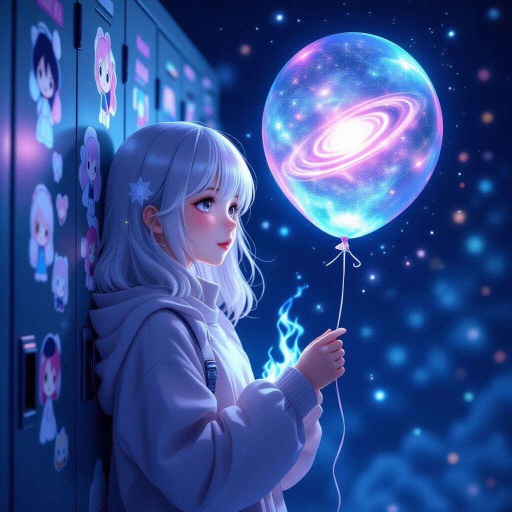 Ethereal Girl with Galaxy Balloon in Anime Style