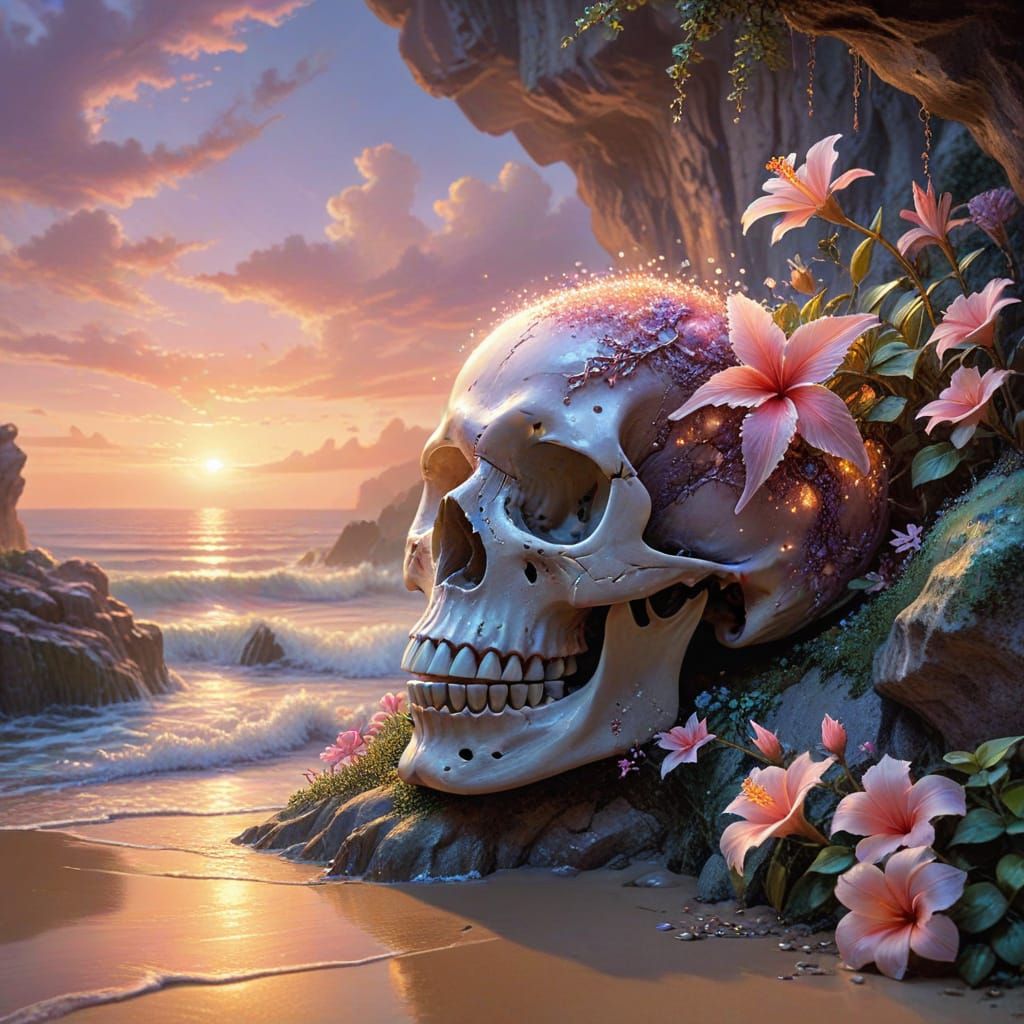 Crystal Skull in Tropical Cave, Fantasy Illustration