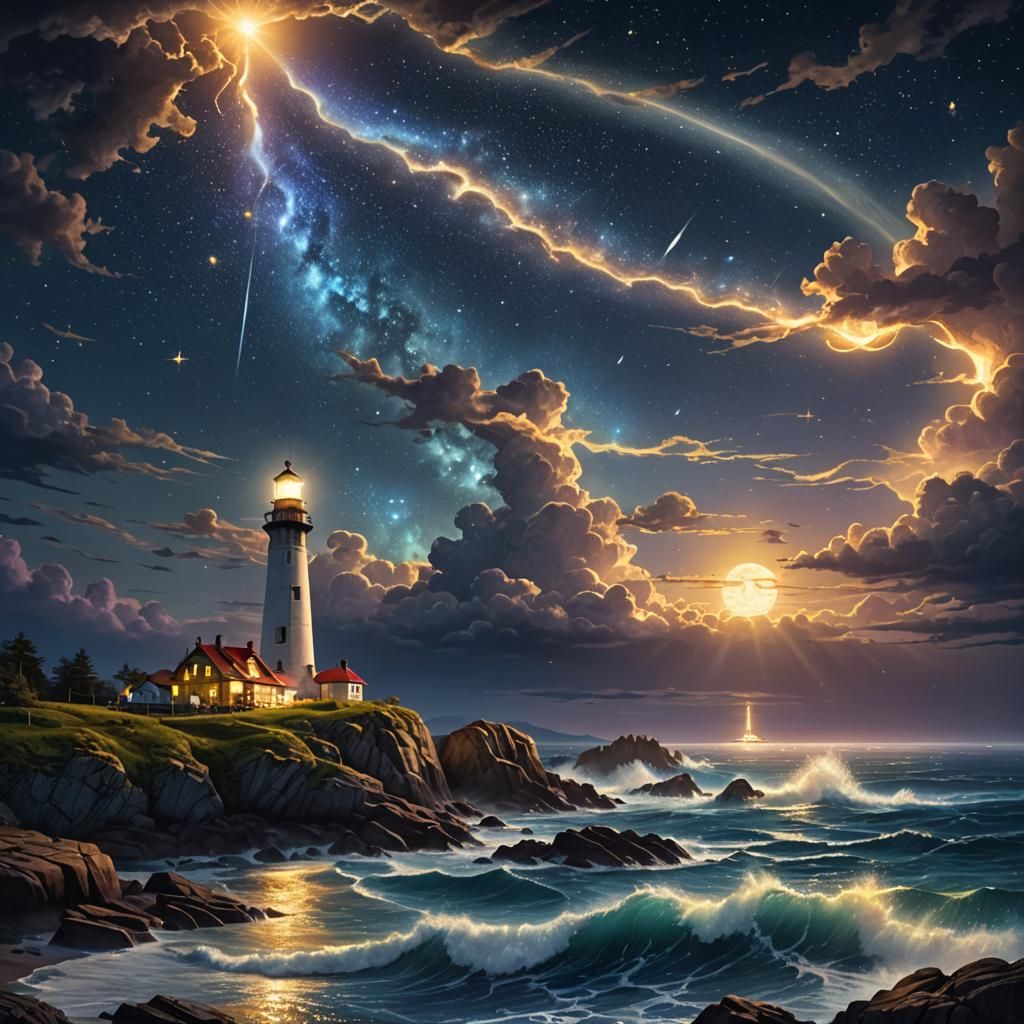 Glowing Lighthouse in Starry Night Sky: Digital Art