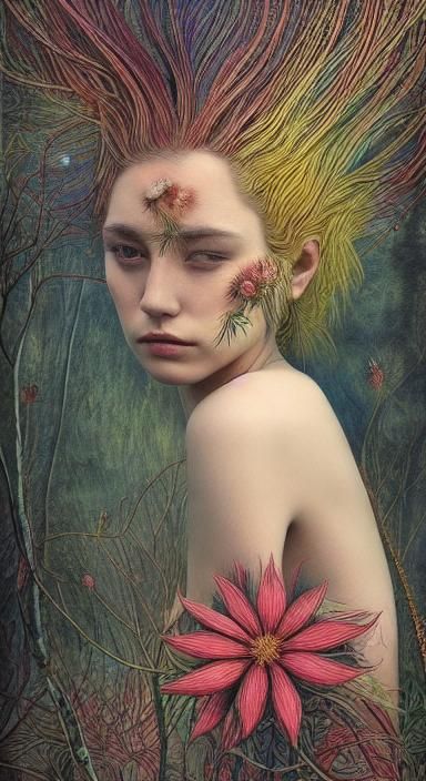 Woman with Narcotic Flower in Etching Style