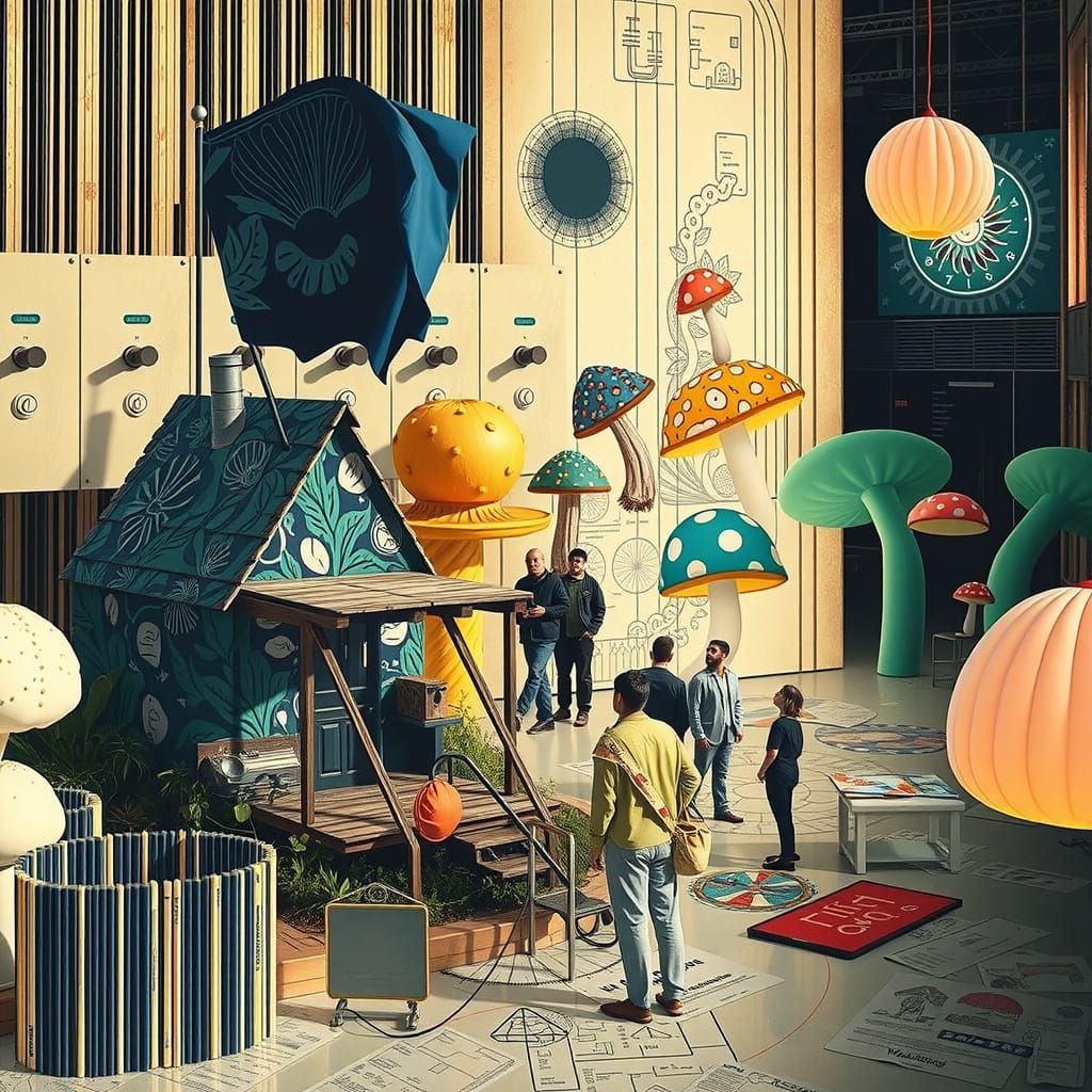 Surreal Festival Scene with Giant Mushroom Flag and Steampun...