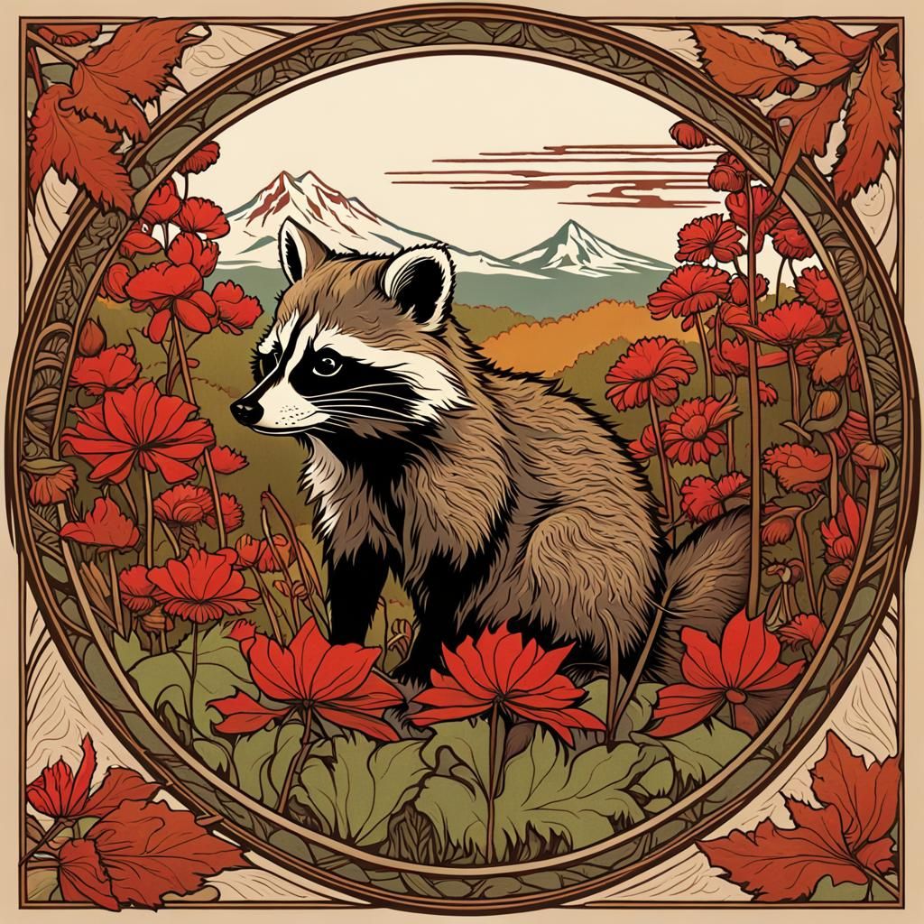 Art Nouveau Woodcut: Raccoon with Vermont Skyline
